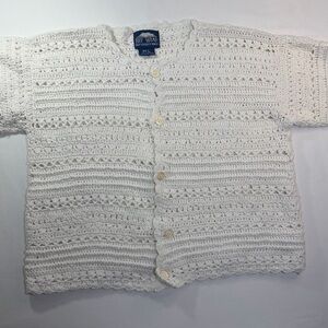 Rey Wear Hand Knit White Crochet Cardigan 100% Cotton Sz M/L Short Sleeve